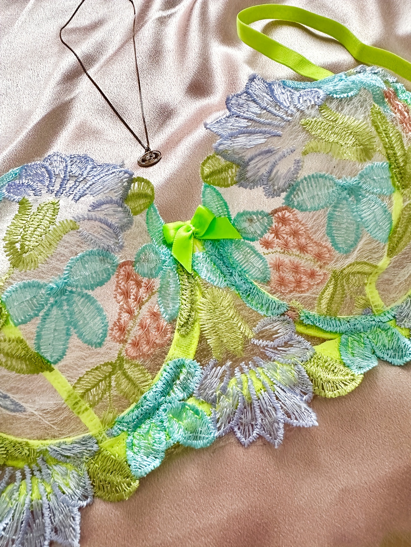 Floral Embroidery Lingerie Set Bow Tie Push Bra Mesh Panties - Temu