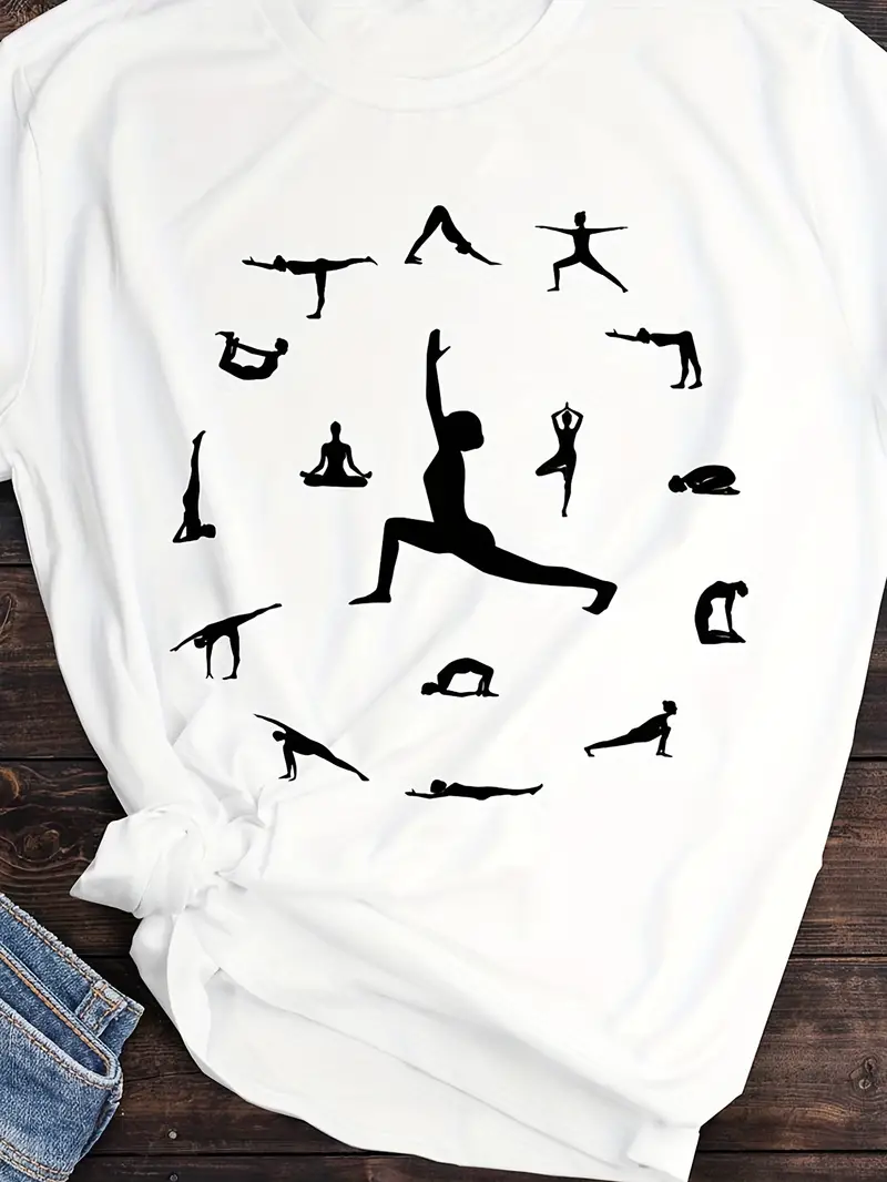 Funny Yoga Posture Print Crew Neck T shirt Casual Short - Temu