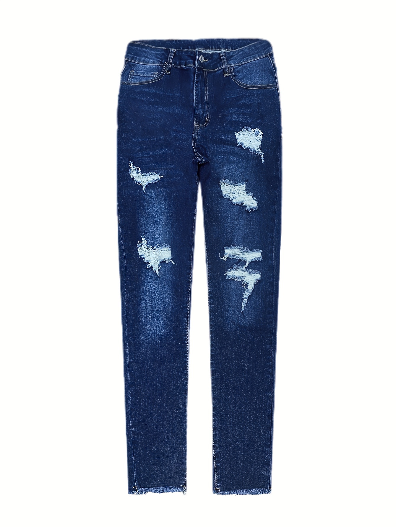 Jeans ajustados de tiro alto con rotos en el muslo, pantalones de mezclilla  elásticos de color sólido de cintura alta desgastados, ropa de mezclilla p