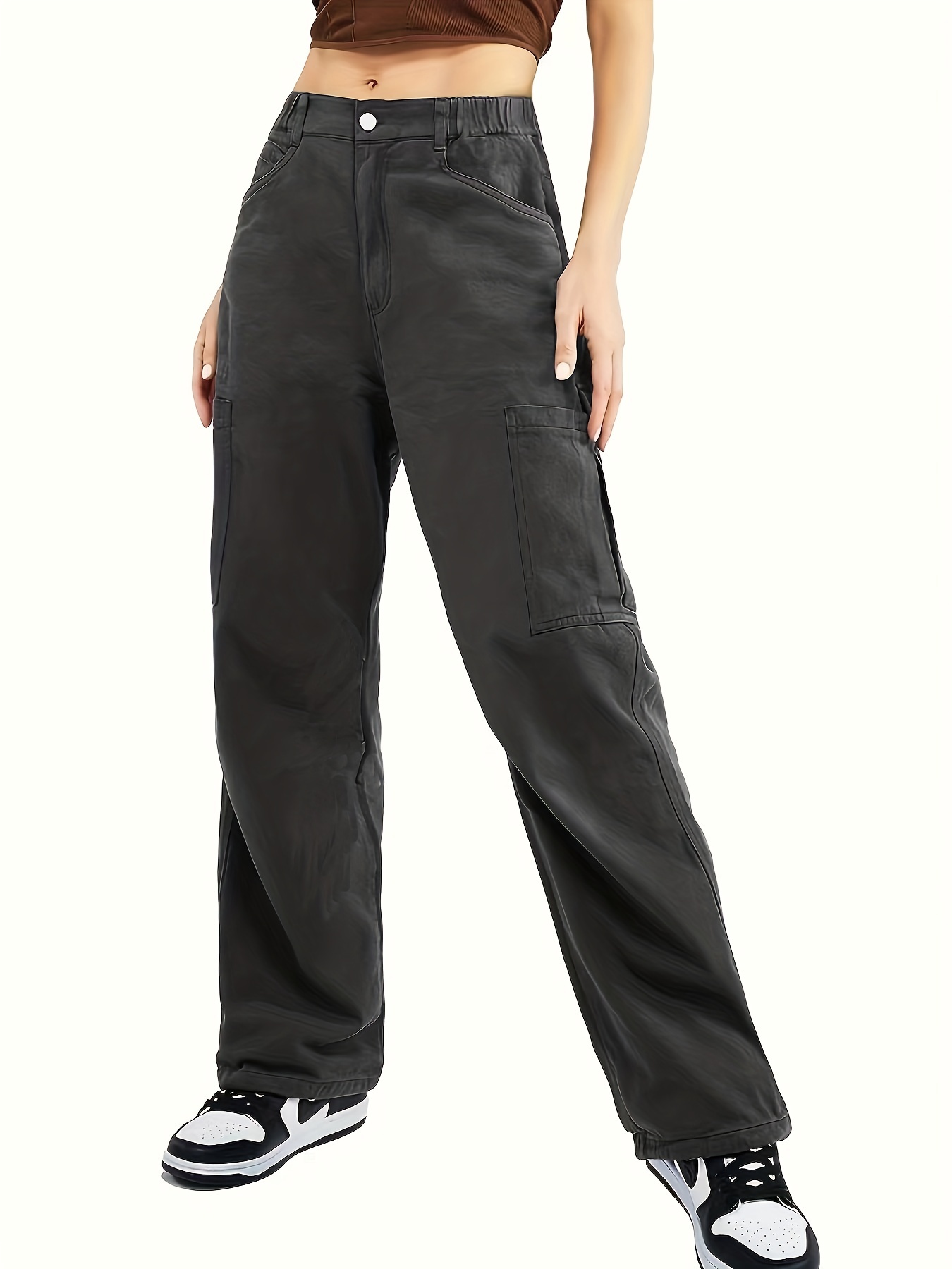 Black Multi-Pockets Cargo Pants, Loose Fit Elastic Waist Casual Straight  Jeans, Women's Denim Jeans & Clothing