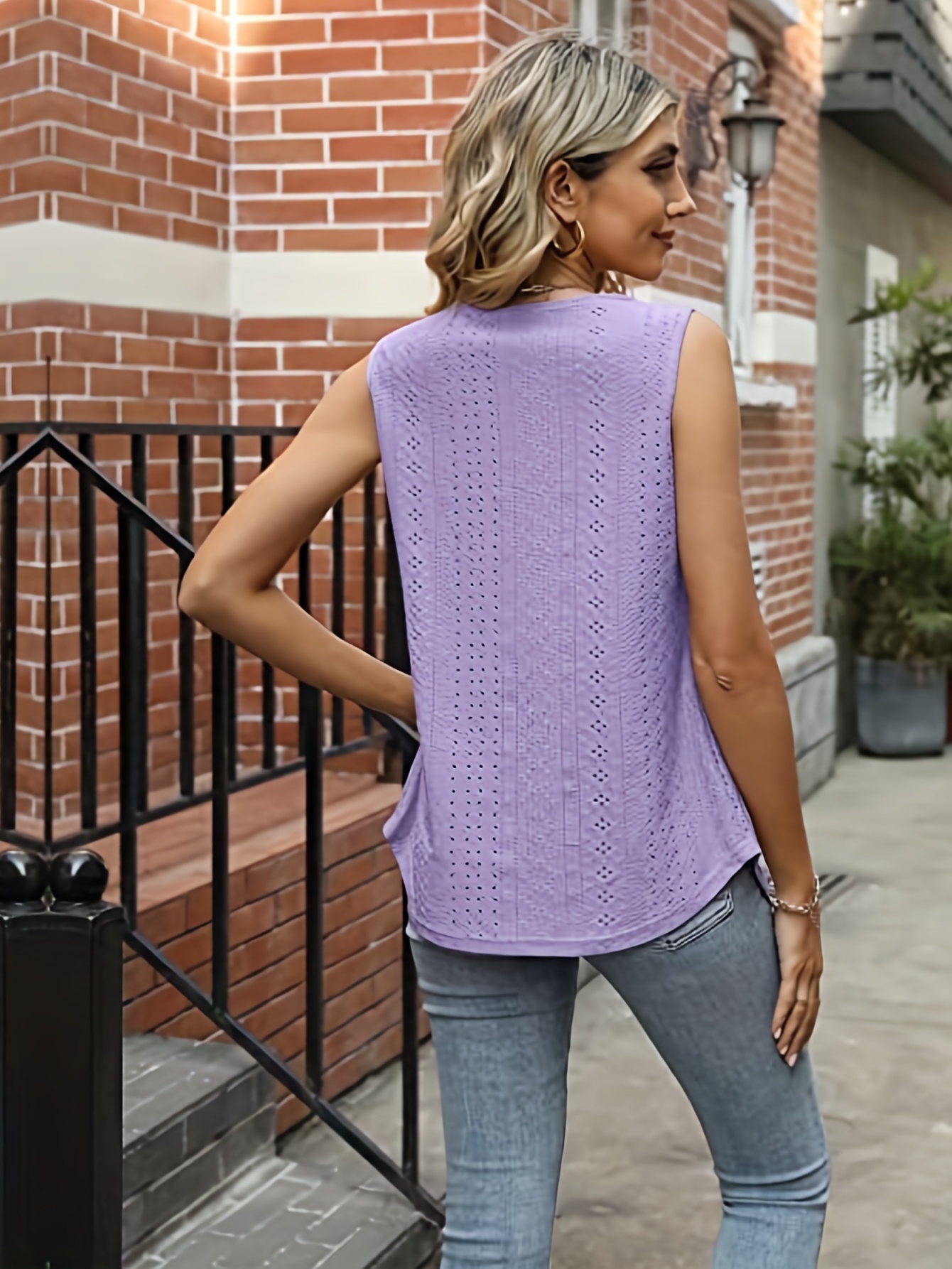 Eyelet Tank Top Square Neck Sleeveless Summer Top