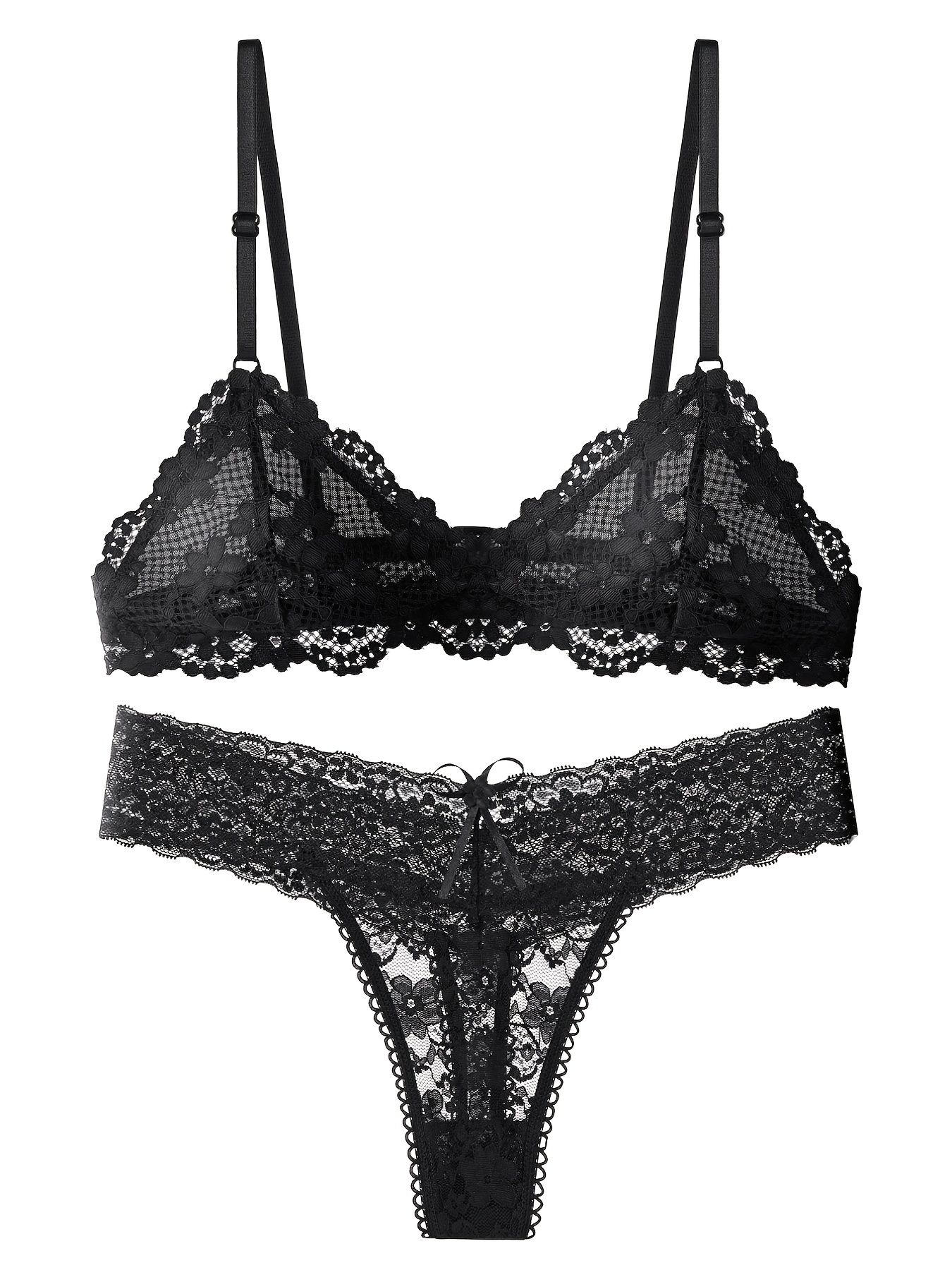 Floral Lace Unlined Triangle Bra, Black