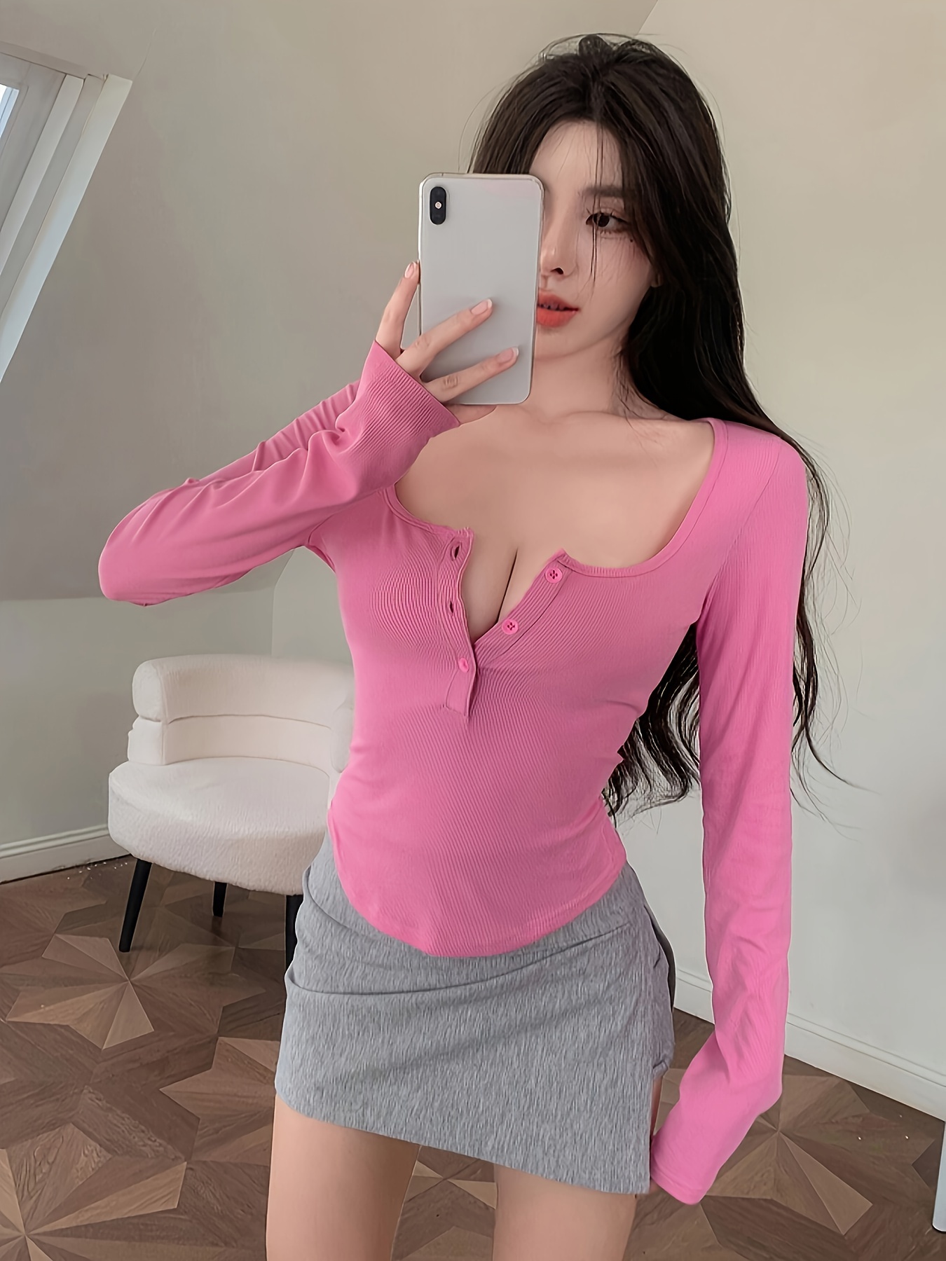 Womens Casual Y2K Slim Fit Button Long Sleeves T-Shirt Sexy bottom