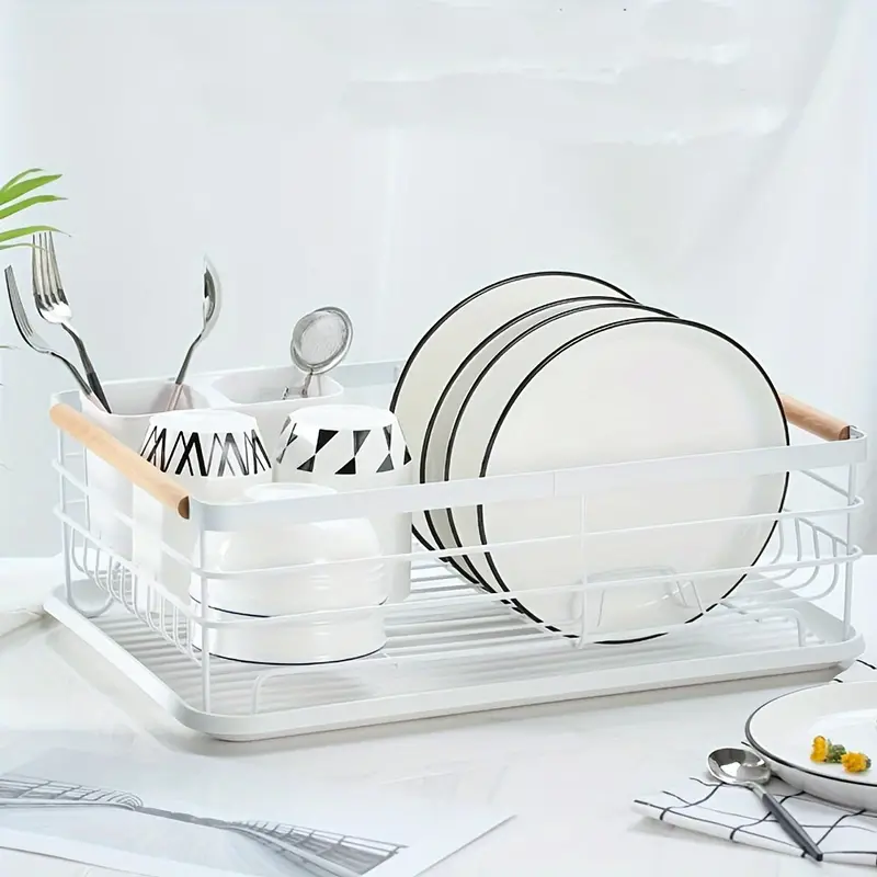 Metal Dish Drying Rack With Drainer And Utensil Holder, Dish Drying Rack  For Kitchen Counter, Large-capacity, Wooden Handle,kitchen Organization And  Storage, Kitchen Accessories, White, - Temu