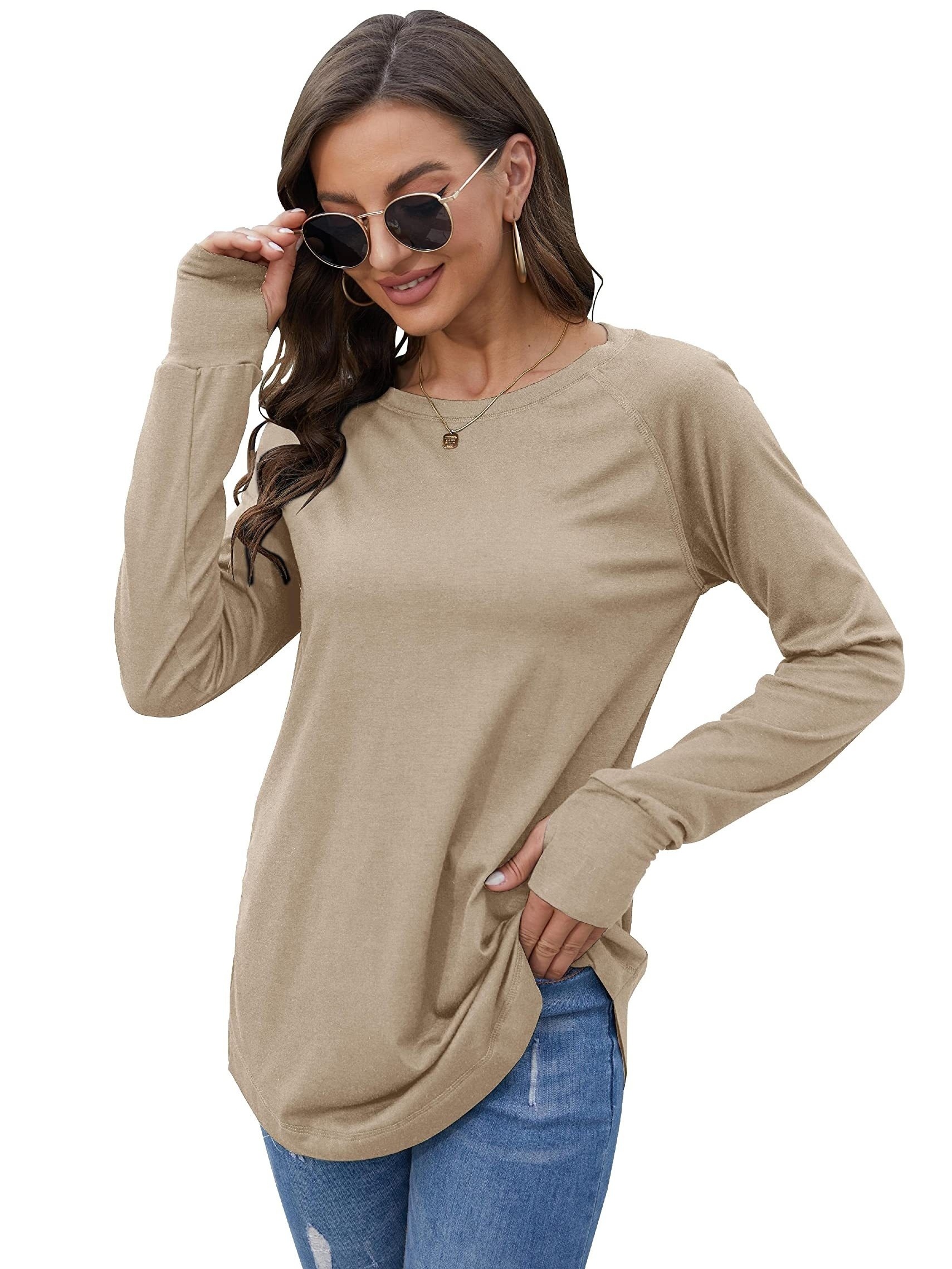 Women's Solid Color Long Sleeve Athletic Top Thumb Hole Full - Temu