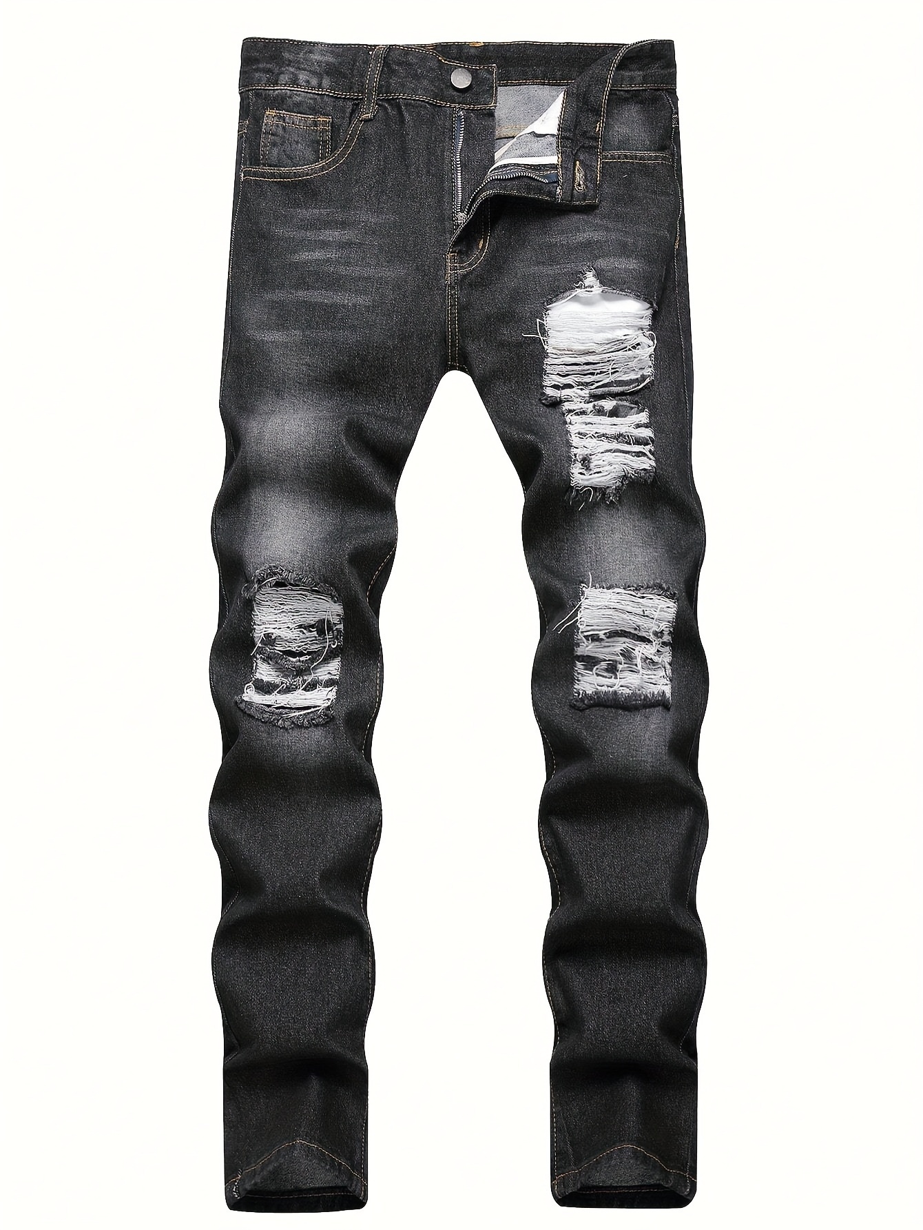 Men's Straight Leg Jeans Casual Street Style Distressed - Temu