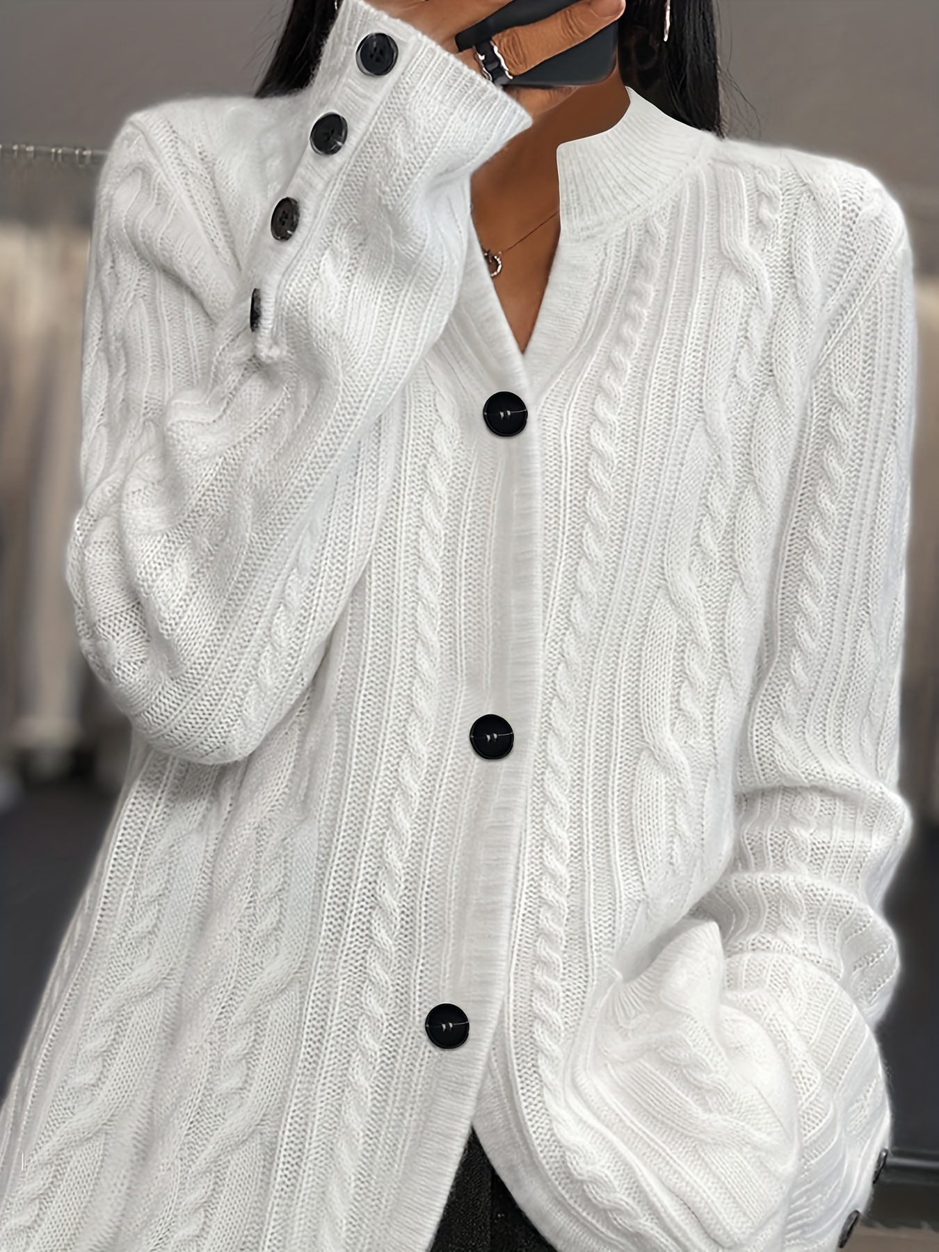 Solid Button Up Cable Knit Cardigan, Casual Crew Neck Long Sleeve Loose  Sweater, Women's Clothing