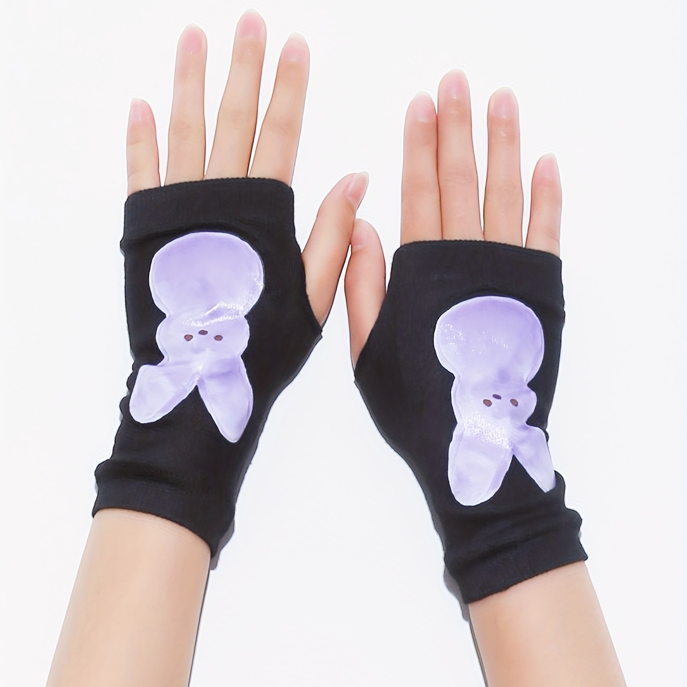 Purple Rabbit Print Y2K Gloves Elastic Fingerless Gloves Hip Hop Warm
