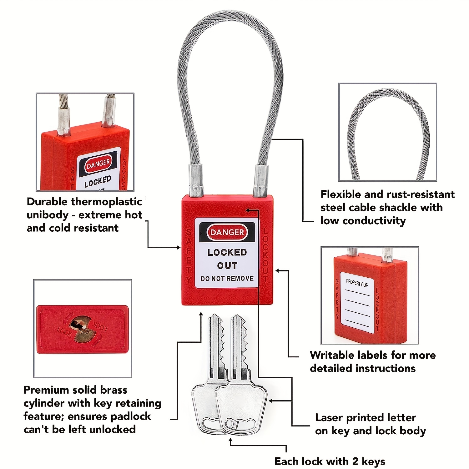 Lockout Tagout Steel Cable Locks With Keys - Red Keyed Alike Unlimited  Grouping Electrical Lockout Padlock Set, 2 Keys Per Lock, Premium Grade  Loto Locks, Osha Compliant - Temu