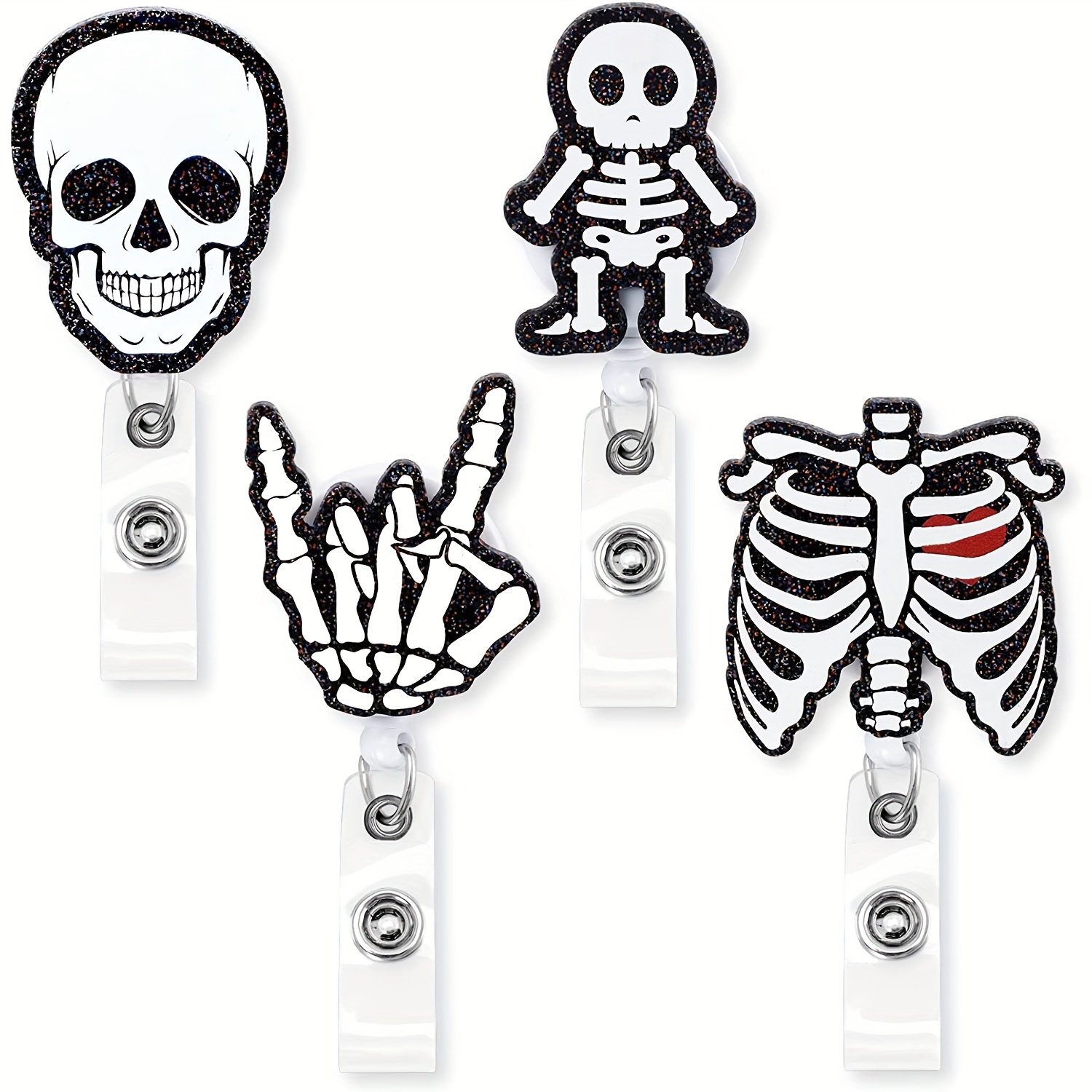 Eartim 6pcs Jack and Sally Badge Reels Holders Halloween Jack Retractable ID Card Badge with Metal Clip Horror Cartoon Skull Name Nurse Badge Reel