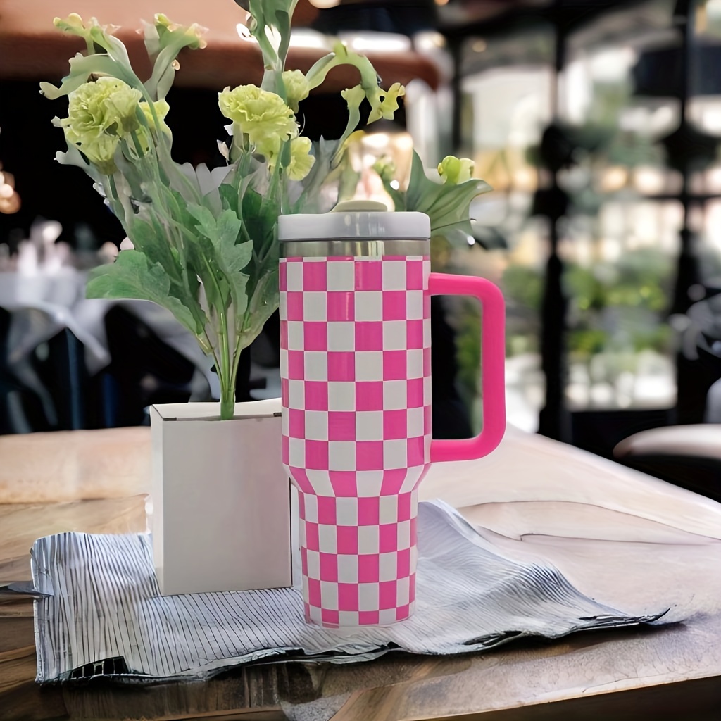 Pink and White Checkered Water Bottle Stainless Steel Water Bottle