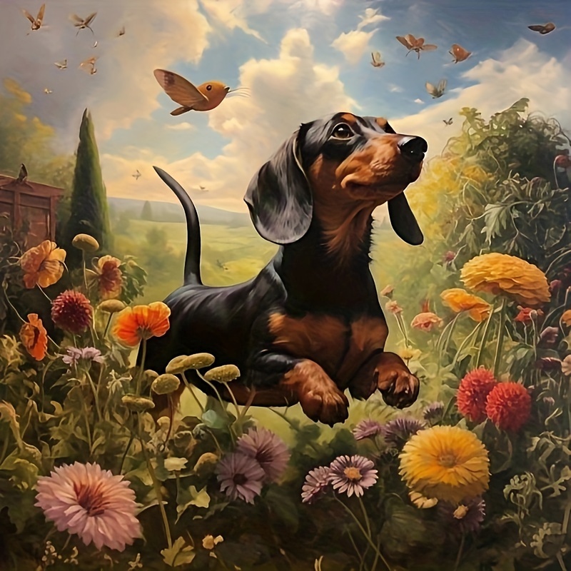 

1pc Little Black Dog Diamond Painting Kit, Flowers Kit 5d Self-made Artificial Diamond Art Diy Handmade Painting Decorative Painting Diamond Painting