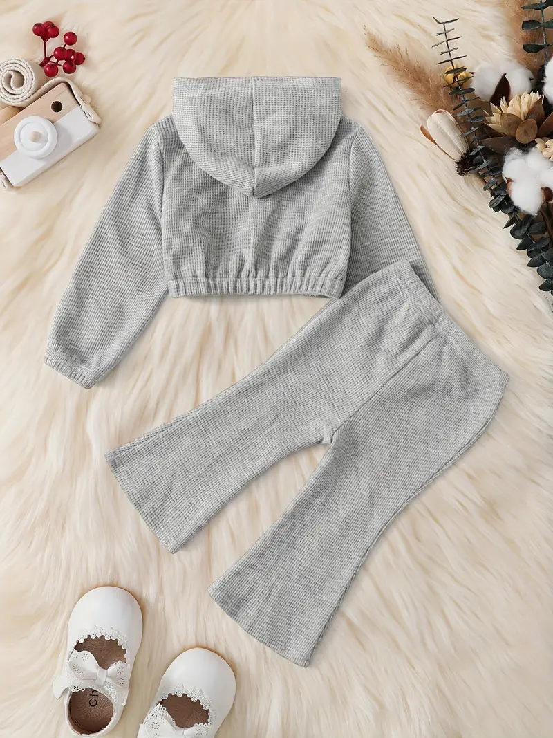 baby girl autumn and winter waffle outfit elastic cuff zipper hooded top elastic waist slit pants set children stylish outfit details 0