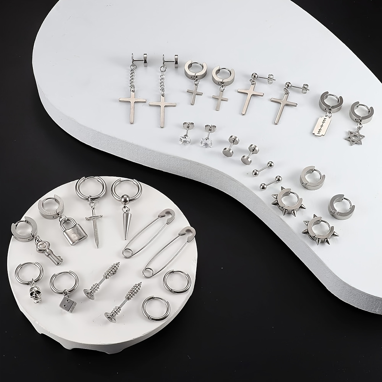 15 Pairs of Men's Stainless Steel Hoop Stud Earrings