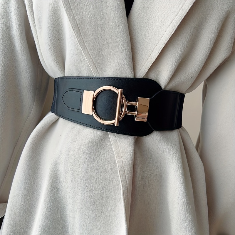 Real Leather Waist Belt Elastic Stretch Wide Waistband Gold Double