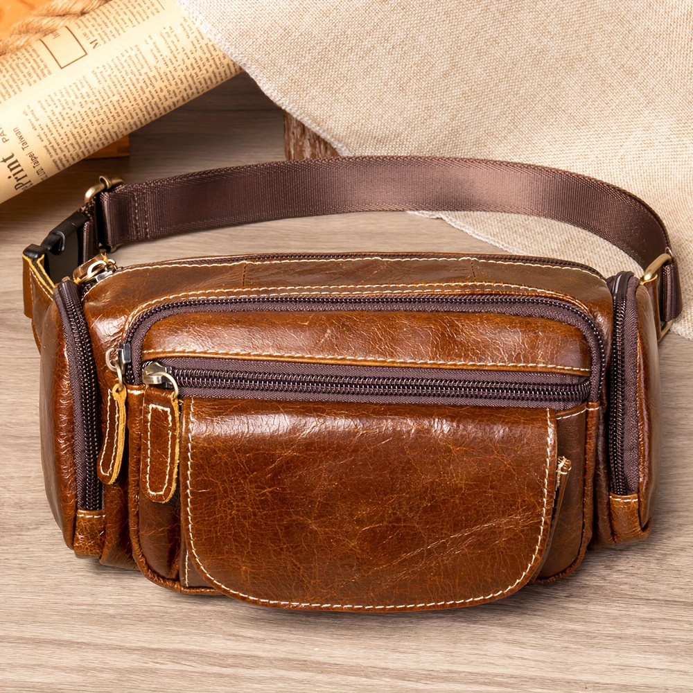 Men's Top Layer Cowhide Fanny Pack Multifunction Leather - Temu