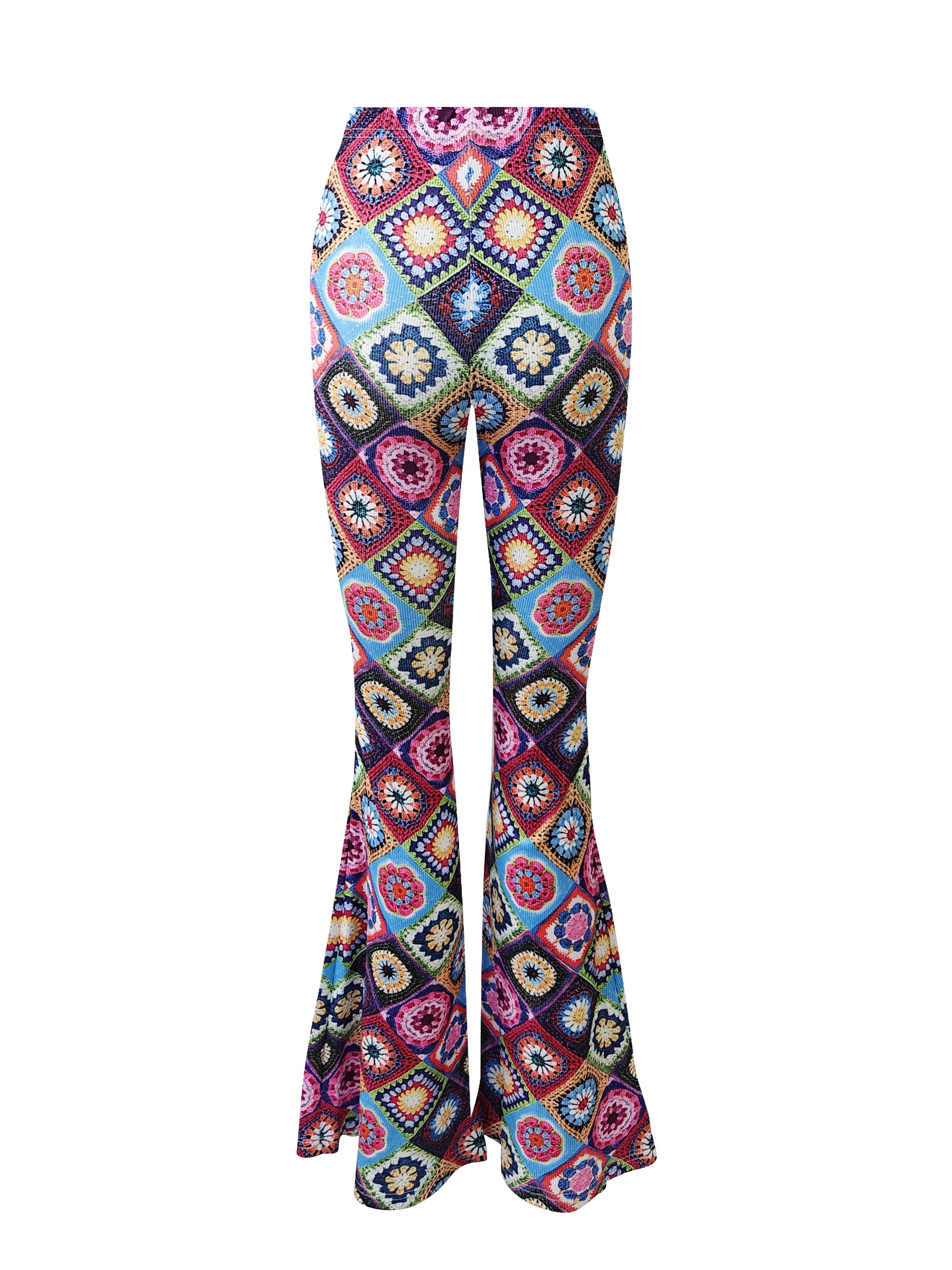 Ethnic Print High Waist Pants, Casual Flare Leg Elastic Waist Pants,  Women's Clothing