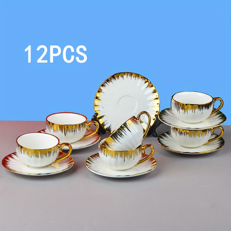 Foraineam Juego de 6 tazas de té y platillos, juego de tazas de té floral  con borde dorado, tazas de café marfil de porcelana de 6 onzas con  platillos