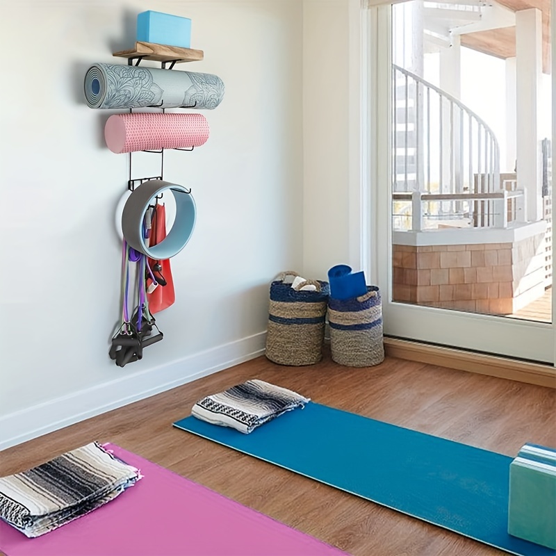 Wall Mount Yoga Mat Foam Roller and Towel Rack Holder- Wall Storage Mount  Wall Holder Storage Shelf for Your Fitness Class or Home Gym, Metal