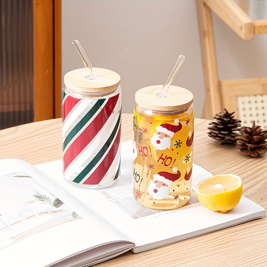 Howdy Santa Frosted Coffee Can, Iced Coffee Glass Can, Coffee Lover Gift,  Straw & Bamboo Lid Included, Cold Brew Cup, New Years, Santa Milk