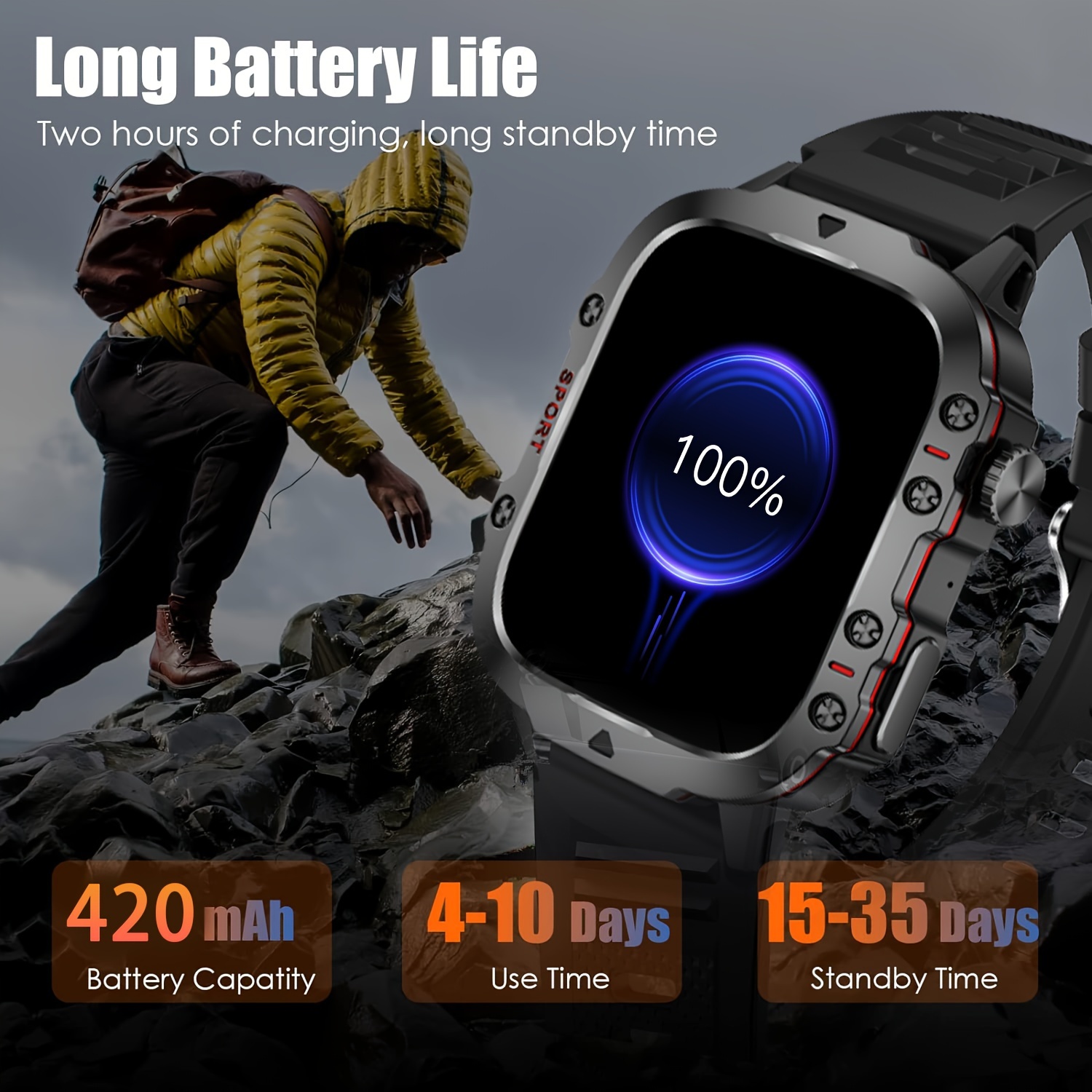 smart watch for men women answer make calls 1 96 inch rugged smartwatch for iphone and android ip68 waterproof fitness tracker watch with sos 100 sport modes 420mah battery
