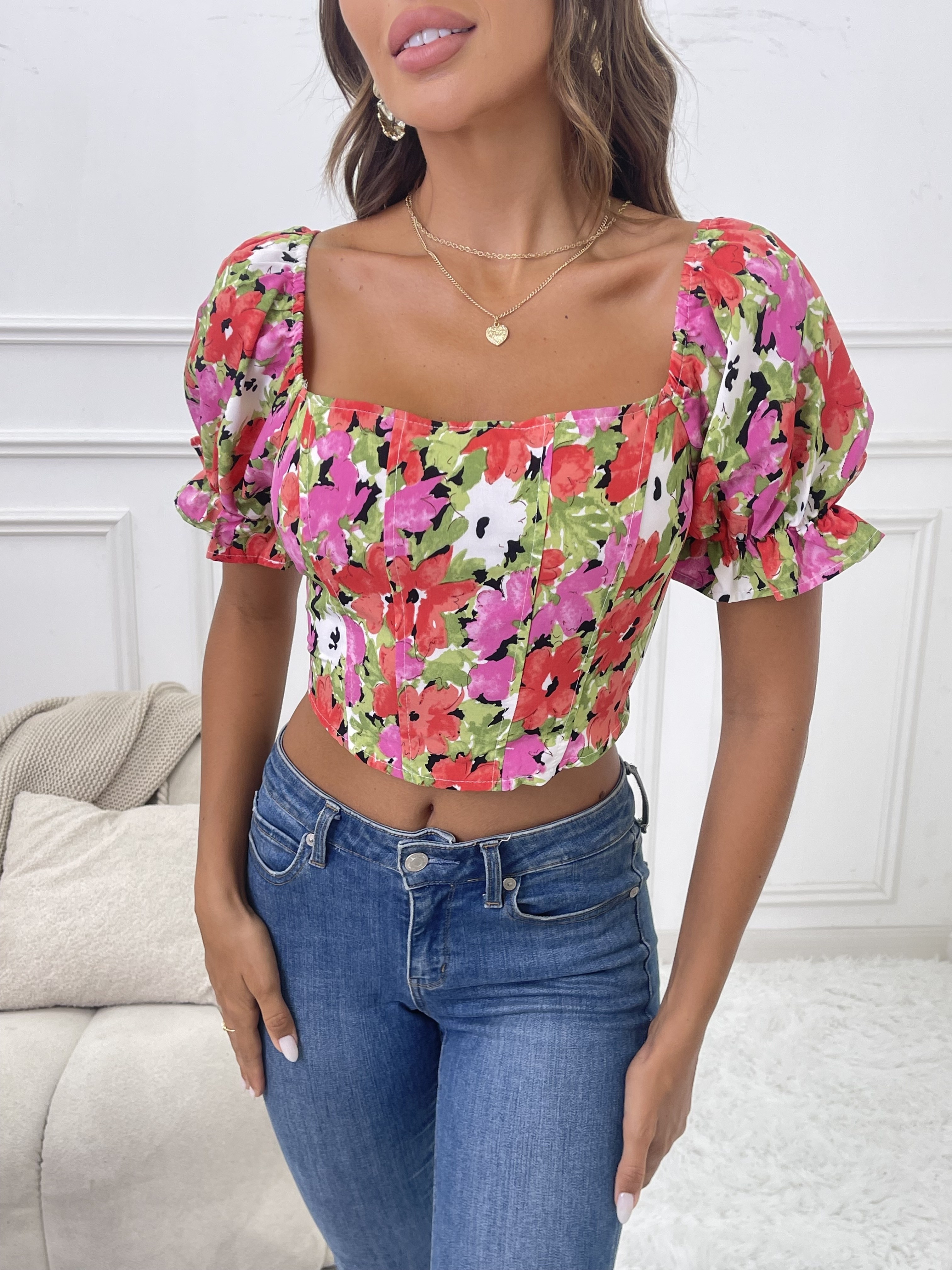 Floral Print Square Neck Blouse, Casual Short Sleeve Blouse For Spring &  Summer, Women's Clothing