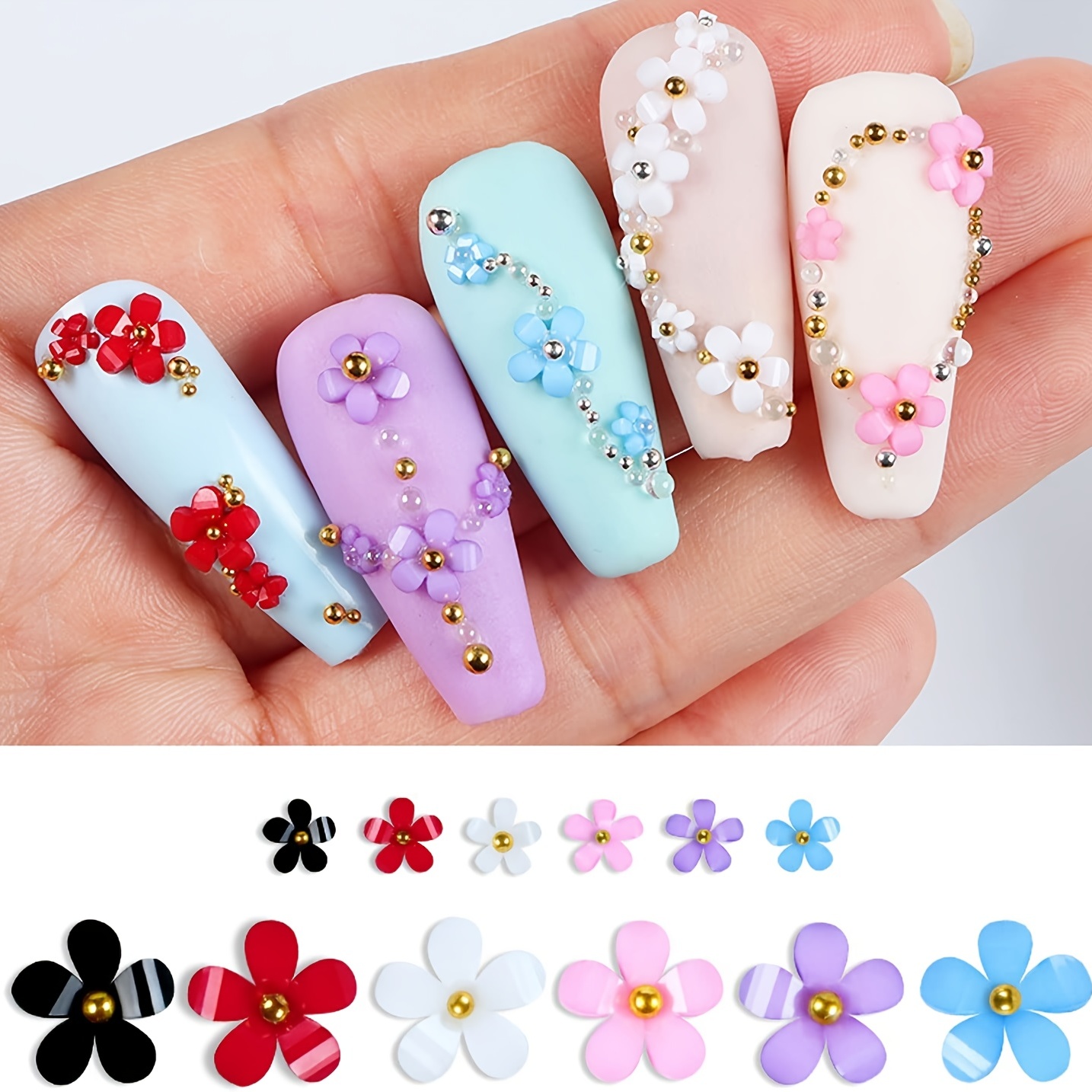 3d Flower Nail Arts Charms With Silver Beads Cute Five - Temu