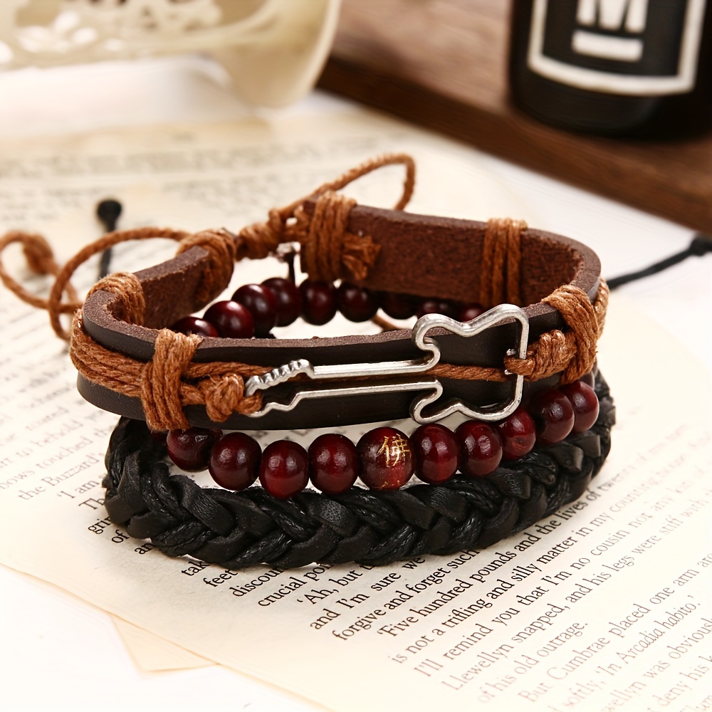 Men's Double-layer Braided Leather Bracelet With Adjustable