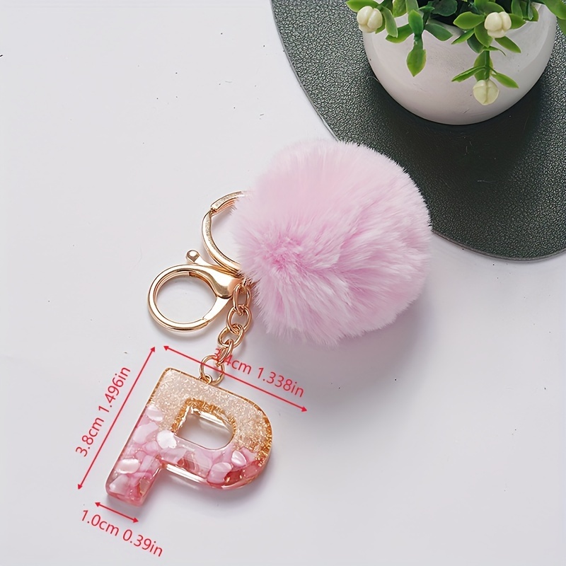 Cute Keyring Green Pompom Fur Ball 26 Letter Keychain Resin Key Chains  Handbag Charms For Woman Ornaments Accessories Gift