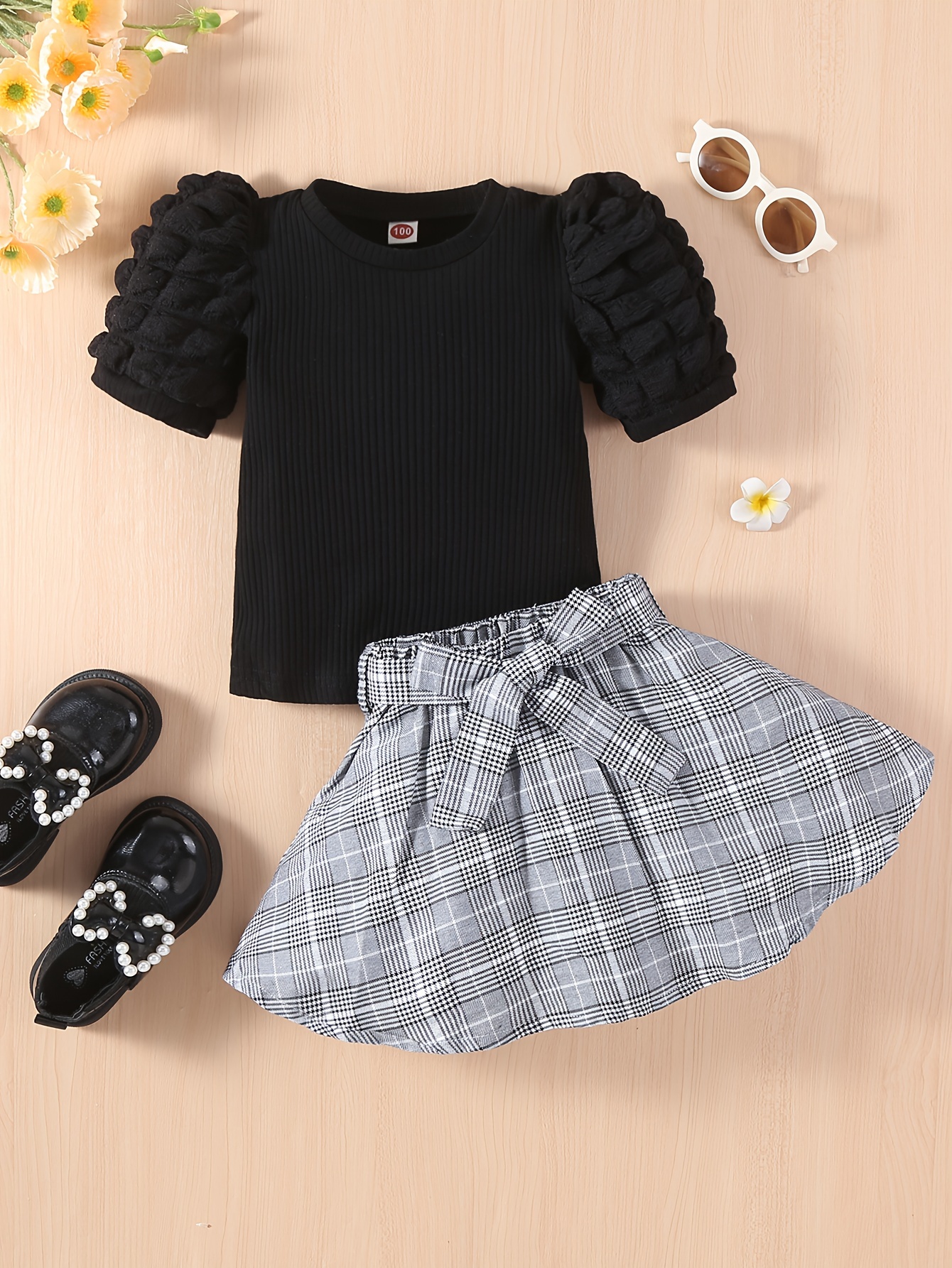 Girls Puff Sleeve Bow Front Blouse & Plaid Print Pleated Skirt