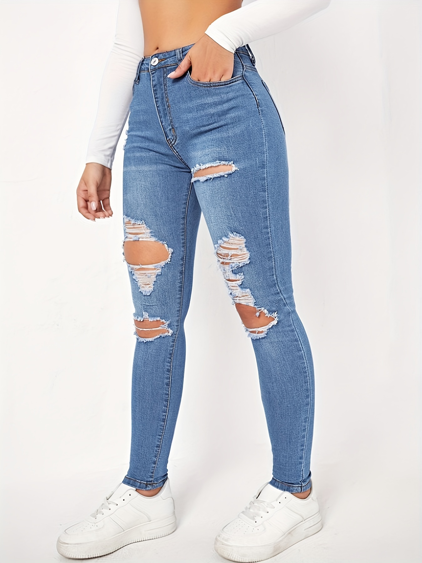 Blue Ripped Holes Skinny Jeans Slim Fit High stretch Slash - Temu