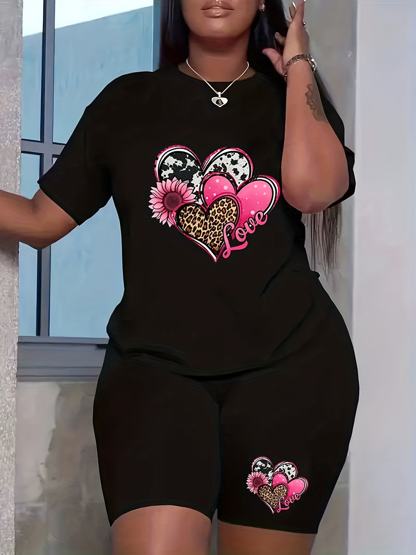 Plus Size Casual Sweater Set Women's Plus Heart Print Crop - Temu