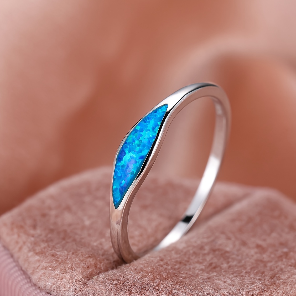 Pure Silver S925 Inspected Mermaid Rhombus White Blue Synthetic Opal Ring 2g