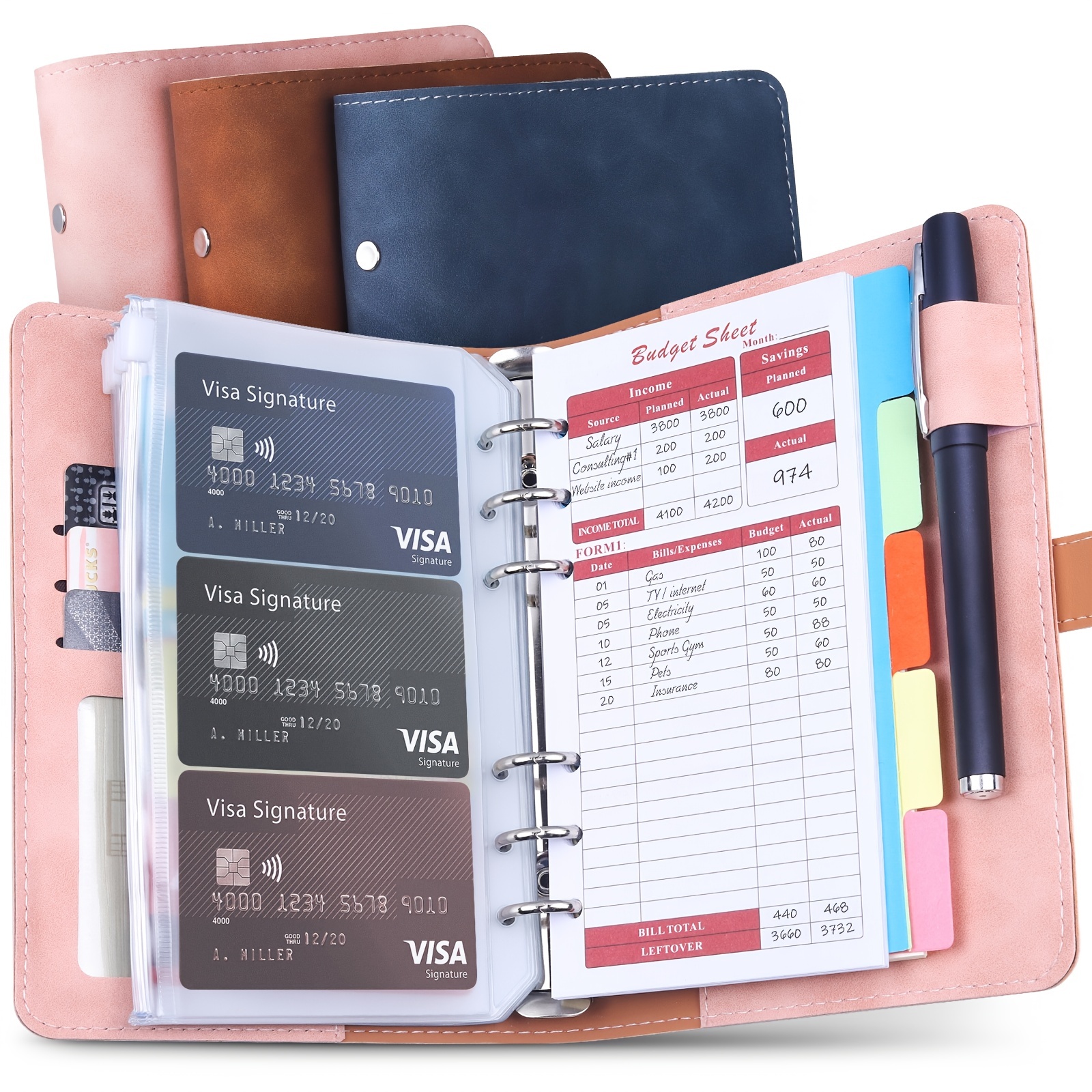 Budget Binder with Zipper Envelopes, Cash Envelopes for Budgeting with Planner A6 Binder & Calculator, Money Organizer for Cash and Card & Sticker