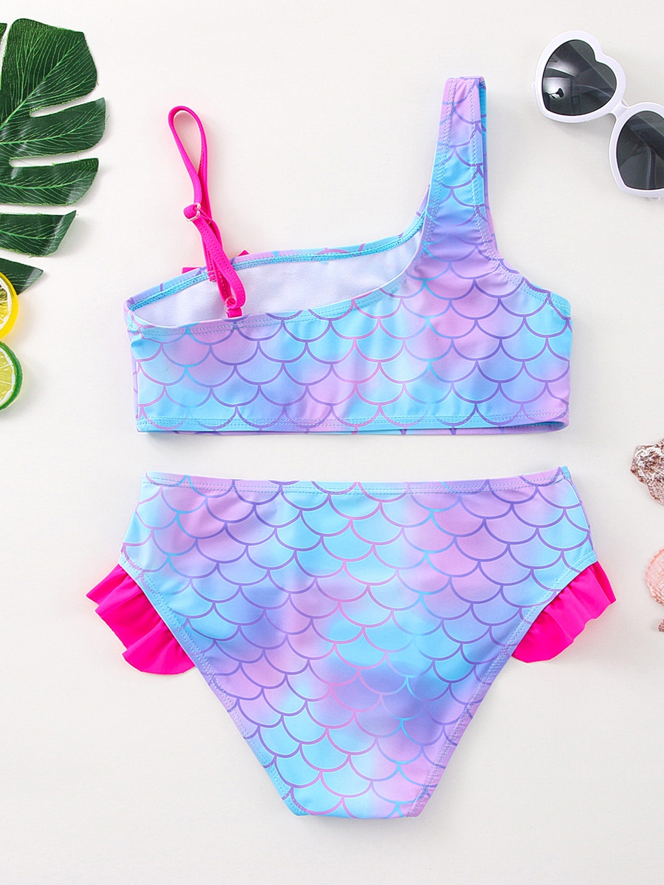 2pcs Girls Bikini Tankini Swimsuit Fish Scale Graphic Bow Top & Ruffle Trim  Shorts Set Kids Summer Beach Clothes Bathing Suits