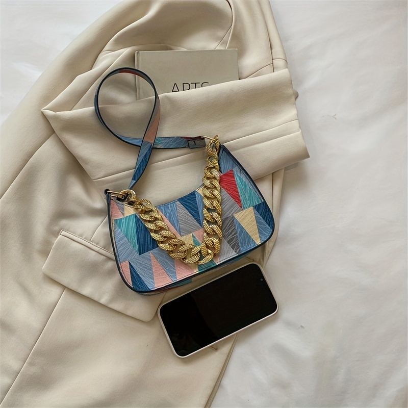 Geometric Pattern Shoulder Bag Colorful Zipper PU Leather Handbag