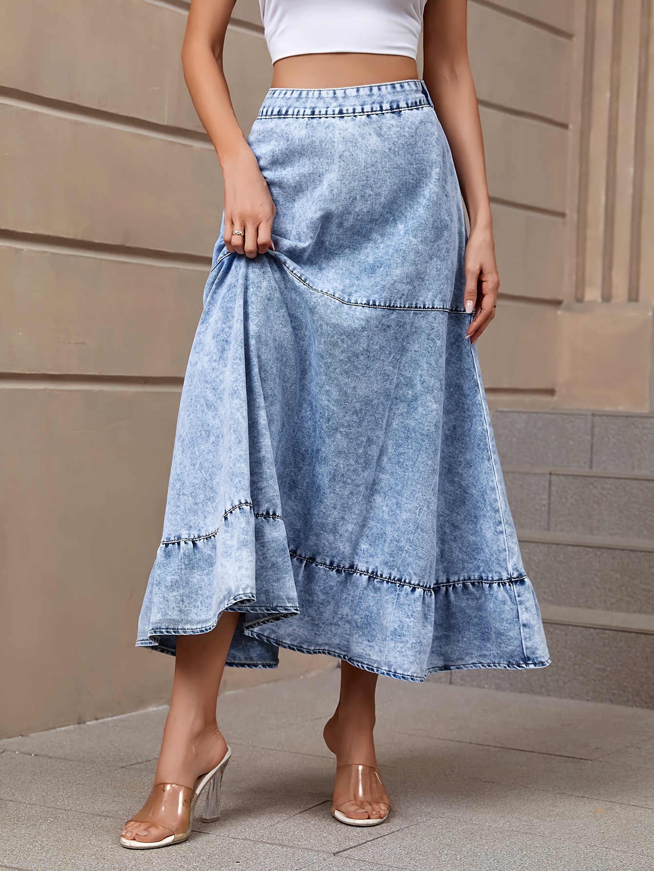 elastic waistband plain washed blue elegant style a line Temu Oman