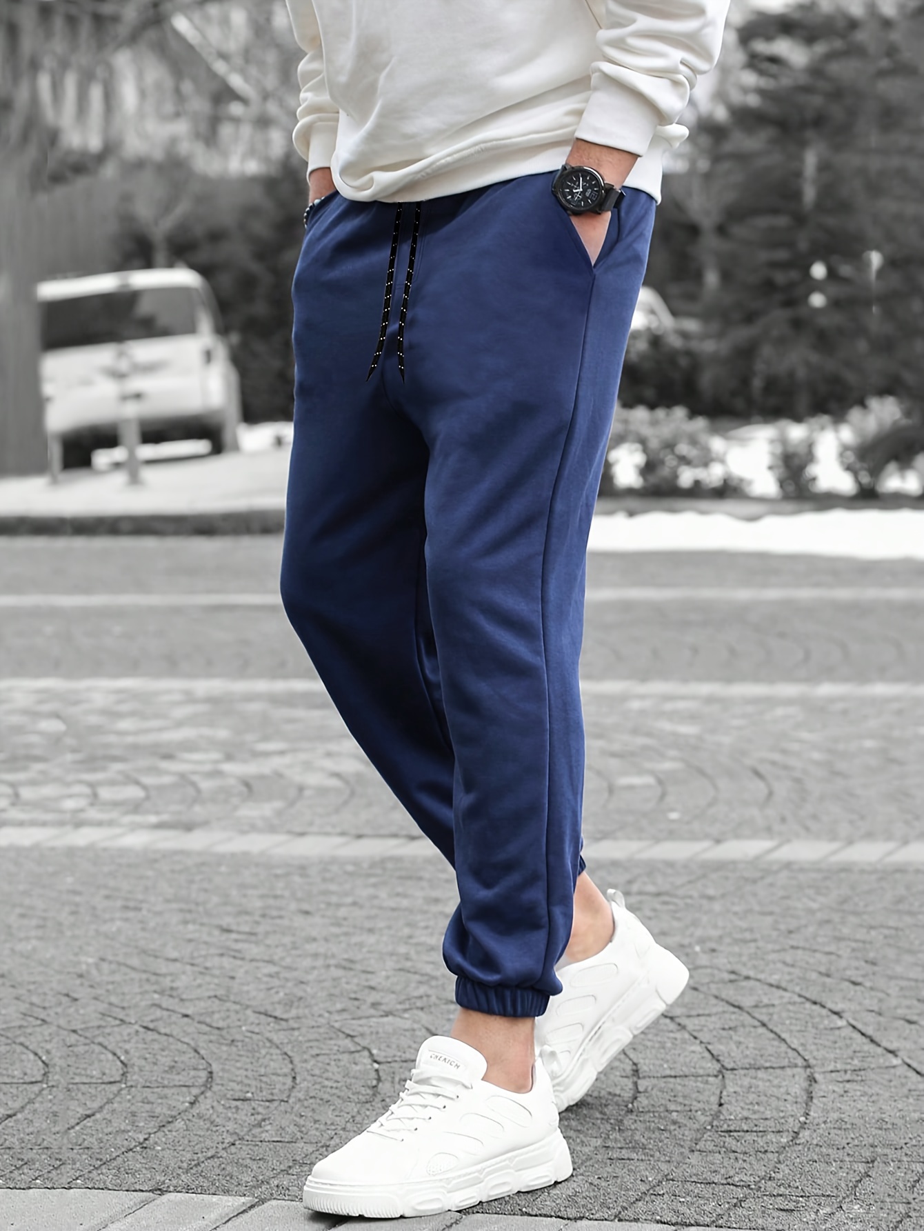 Classic Design Joggers, Men's Casual Waist Drawstring Sports Cropped Pants  For Spring Summer Outdoor