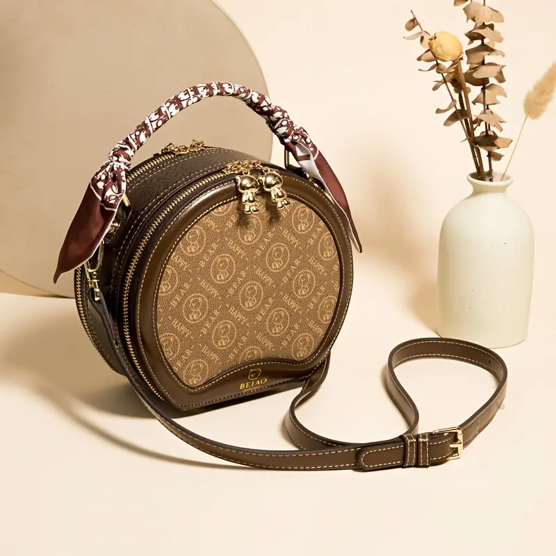 mini bear pattern round handbag fashion scarf decor crossbody bag womens faux leather purse 4 72 7 09 3 94 inch details 0