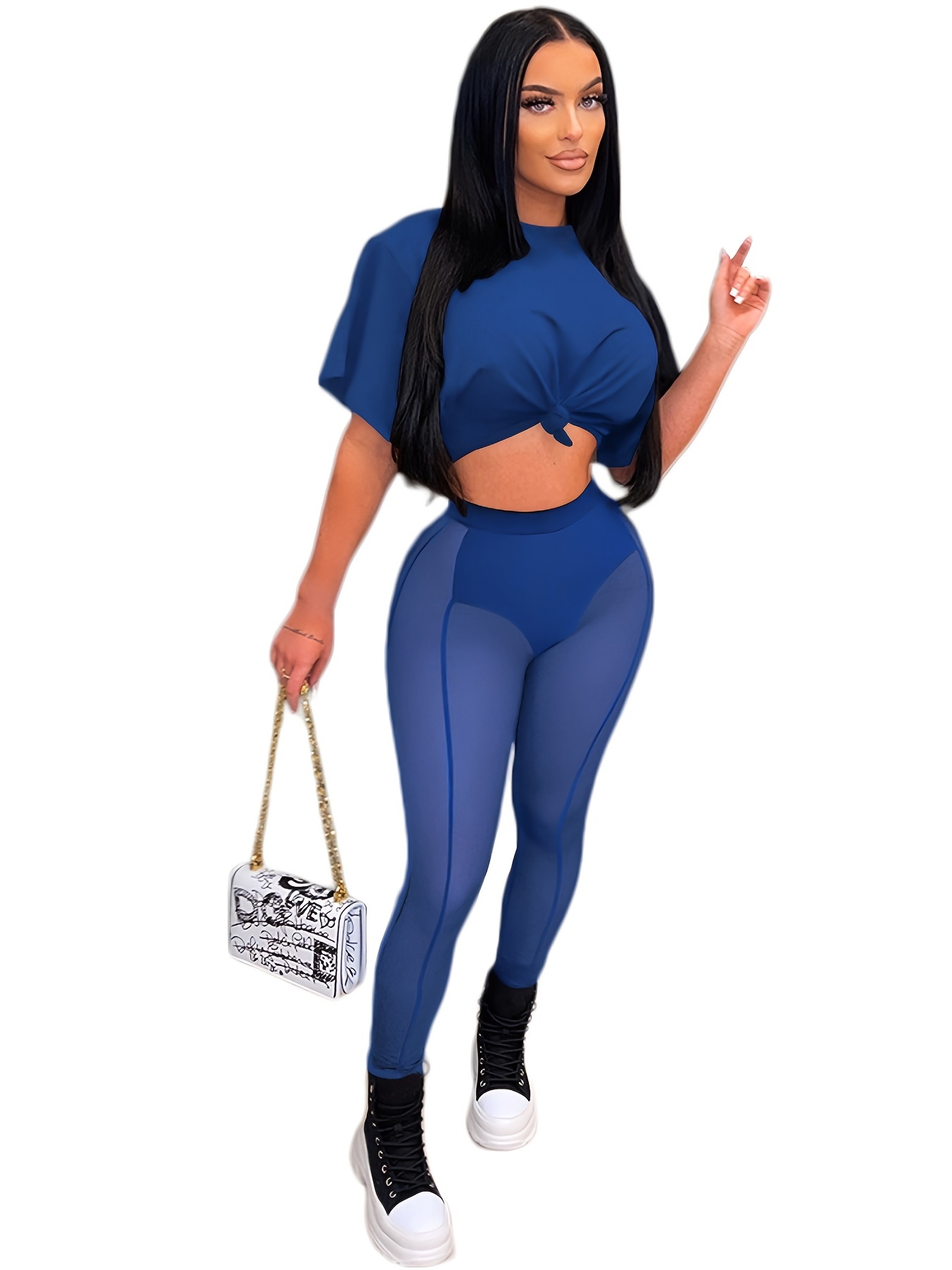 Puloru See Through Mesh Spliced Leggings Women High Waist Skinny Pants  Ankle Length Bottoms Streetwear Vintage Leggings size M Color Blue