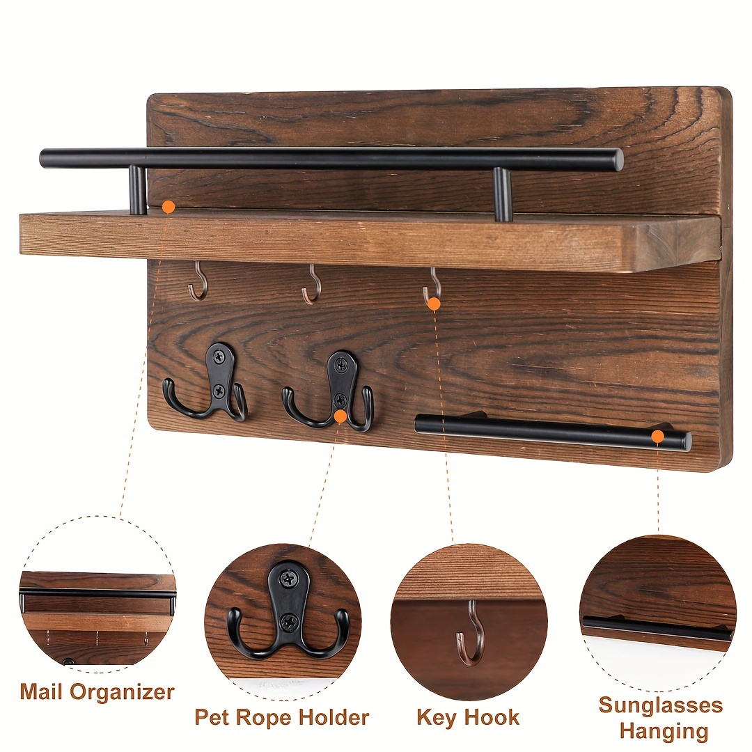 Wooden Storage Shelves With Hooks Key And Letter Organizer - Temu