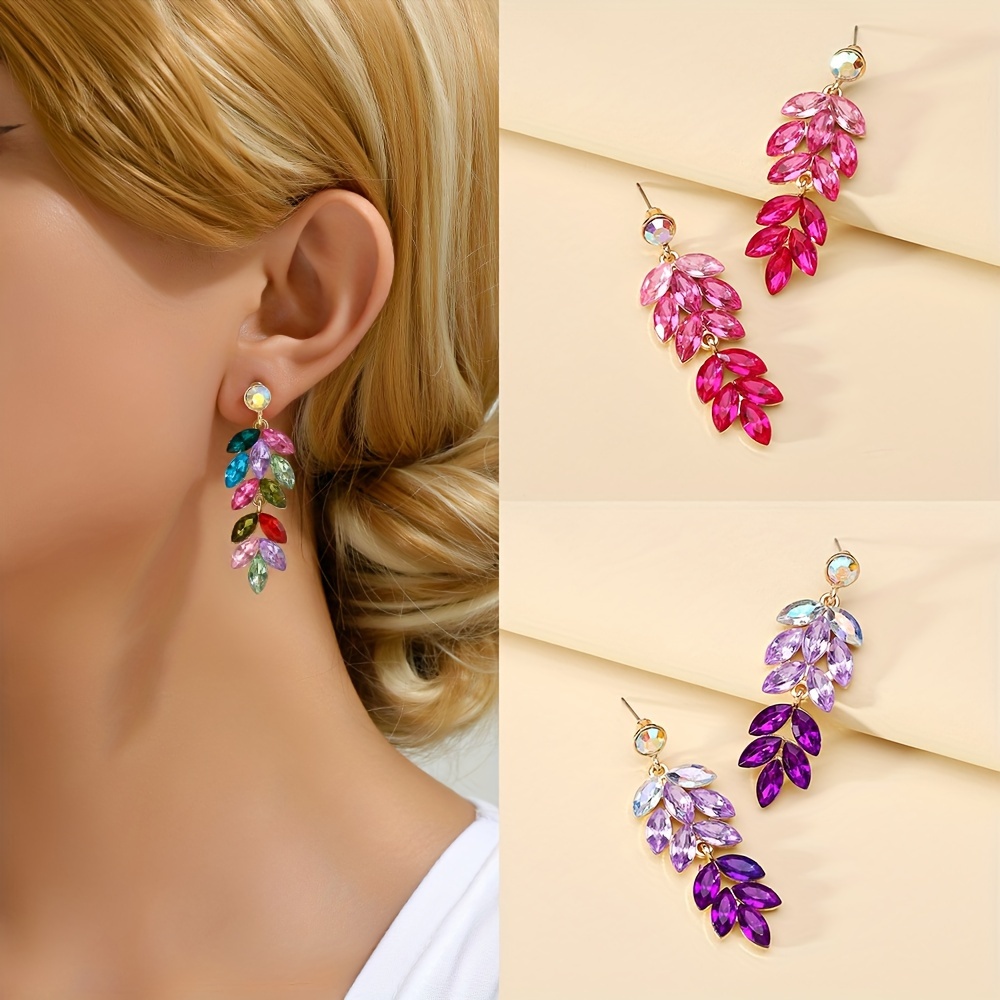 

1 Pair Rhinestone Leaf Drop Earrings Elegant Colorful Alloy Dangle Earrings Classic Jewelry Ear Ornaments For Women