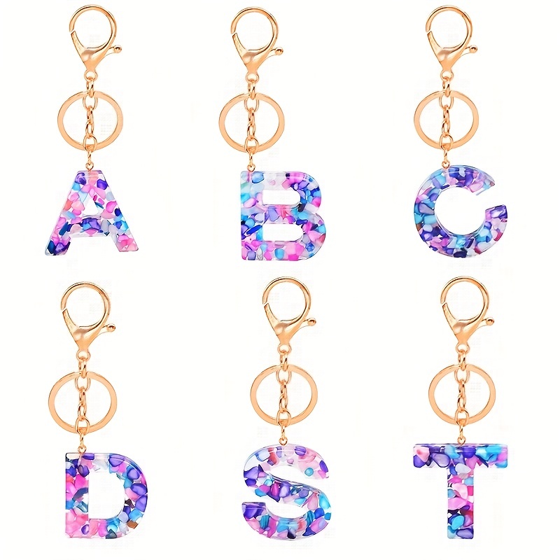 Fashion Purple Initial Letter Keychain,Cute Alphabet Letter KeyRing with  Ball for Purse Handbags Women Girl Birthday Gifts