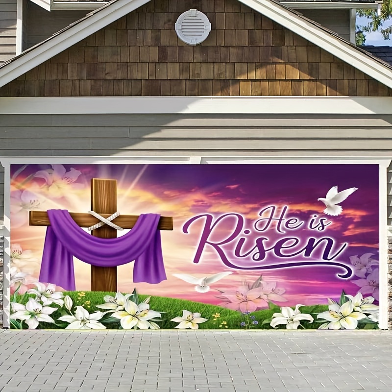 Fabric He Is Risen Easter Backdrop Spring Christian Cross Lily