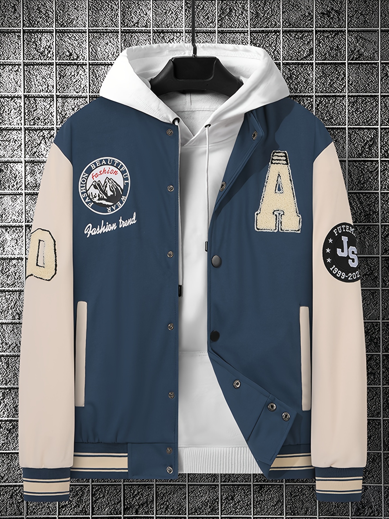 Embroidery Varsity Jacket, Men's Casual Color Block Button Up