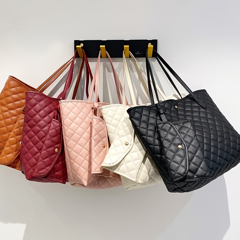 Argyle Quilted Bag Set, Trendy Pu Leather Shoulder Bag, Women's