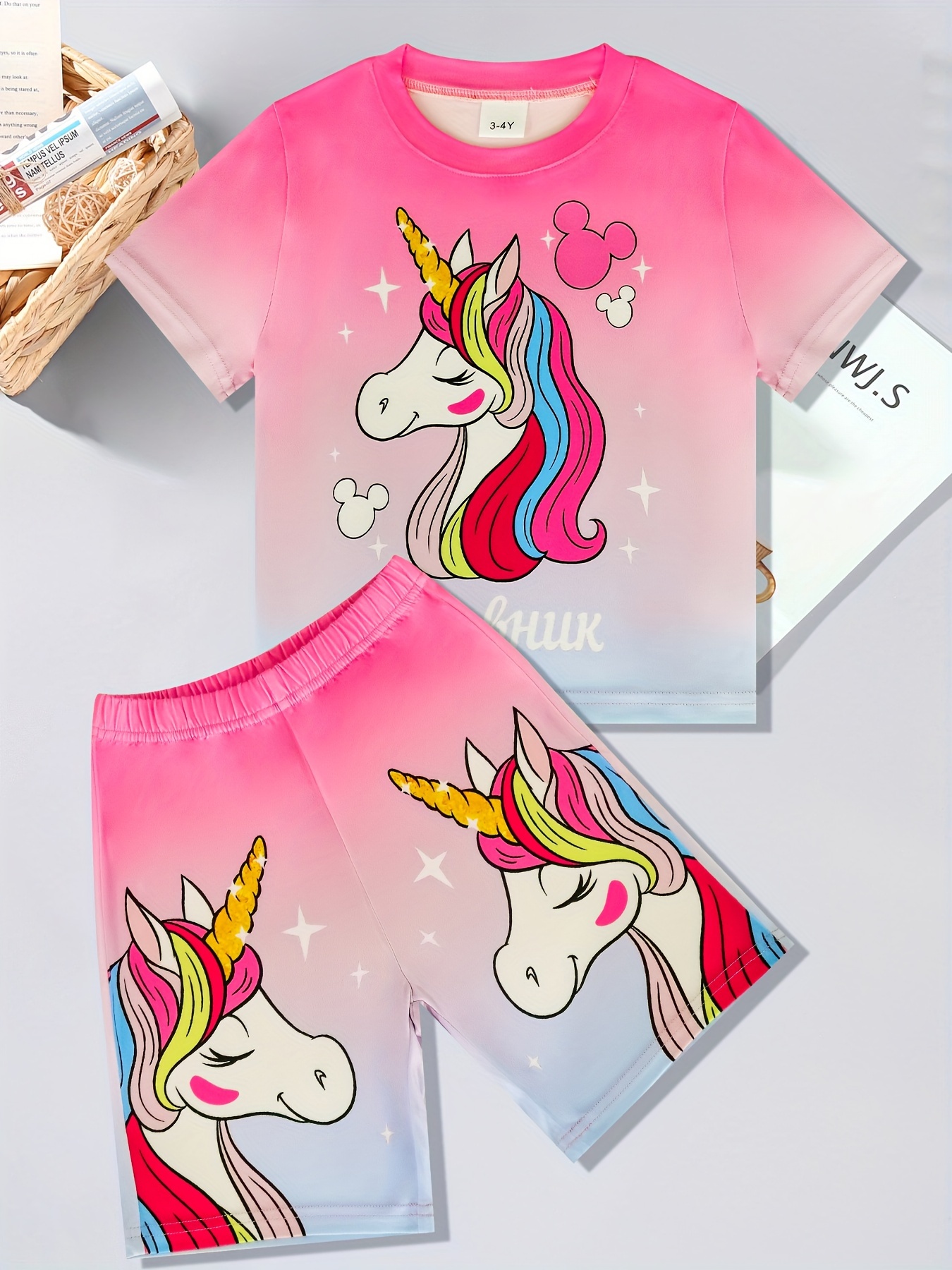 Girls 2-piece Body-con Pajama Set Cartoon Unicorn Print Crew Neck Short  Sleeve T-shirt + Matching Striped Shorts Comfy Loungewear, High-quality &  Affordable