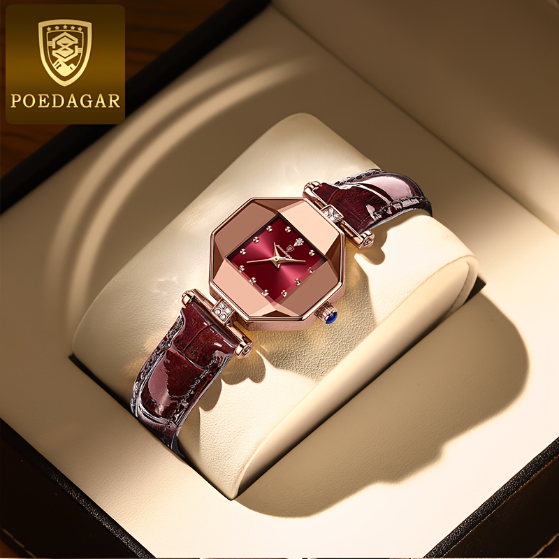 

Montre en cuir PU analogique de mode étanche avec cadran rétro découpé de montre à quartz à pointeur polygonal de luxe pour femmes