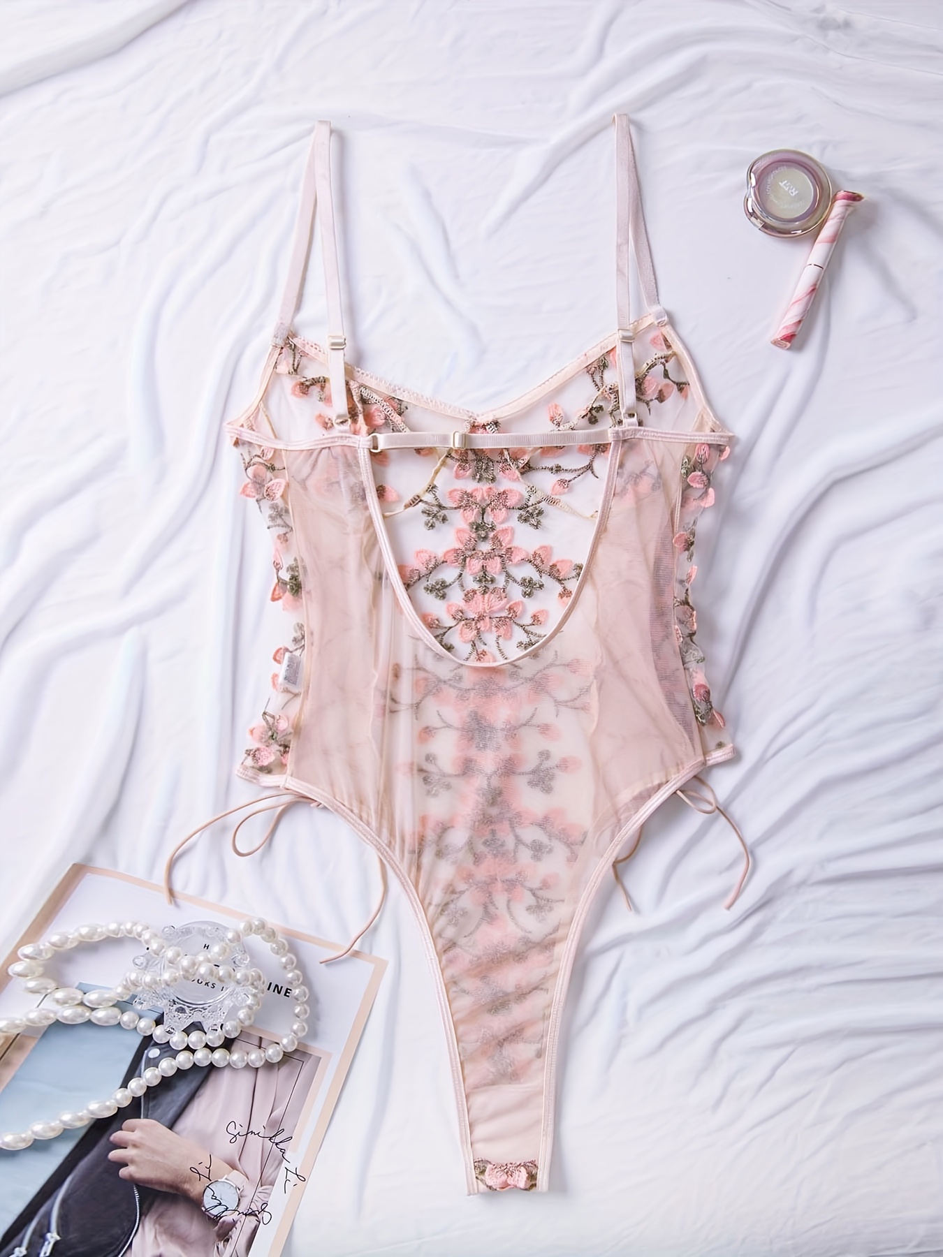 Pink Mesh Embroidery Bodysuit Teddy With Underwire Size XS-4XL