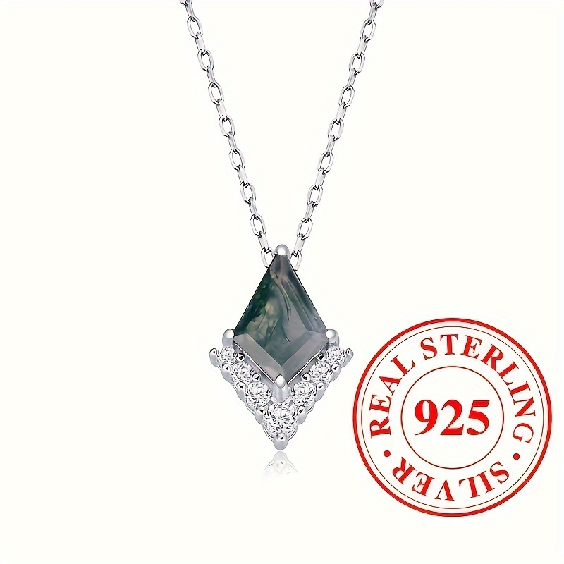 

925 Sterling Silver Vintage Kite Natural Moss Agate Pendant Necklace Women's Exquisite Unique Anniversary Gift Jewelry